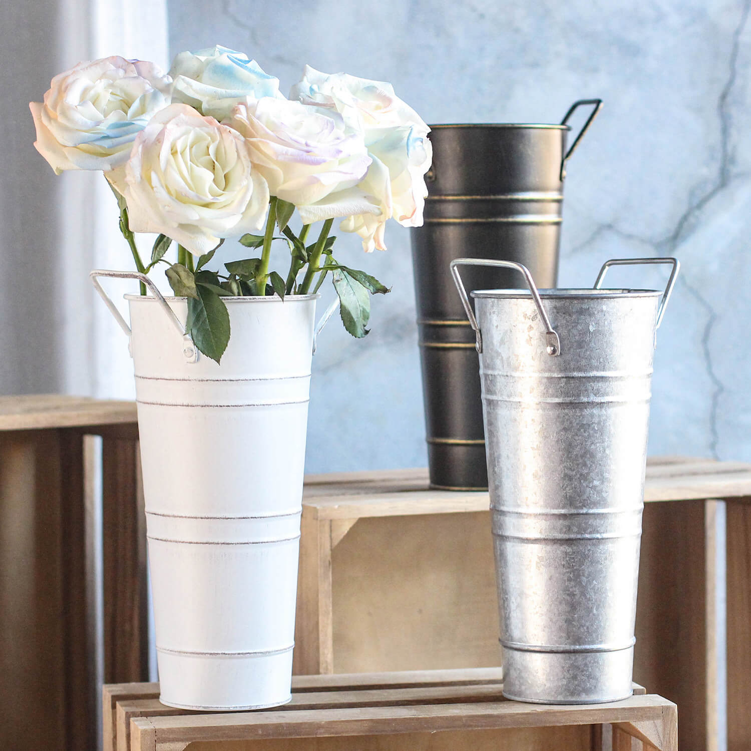 galvanized flower buckets
