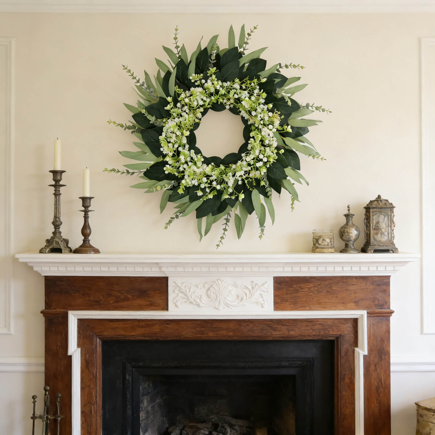White Floral Eucalyptus Leaf Wreath - 24’’