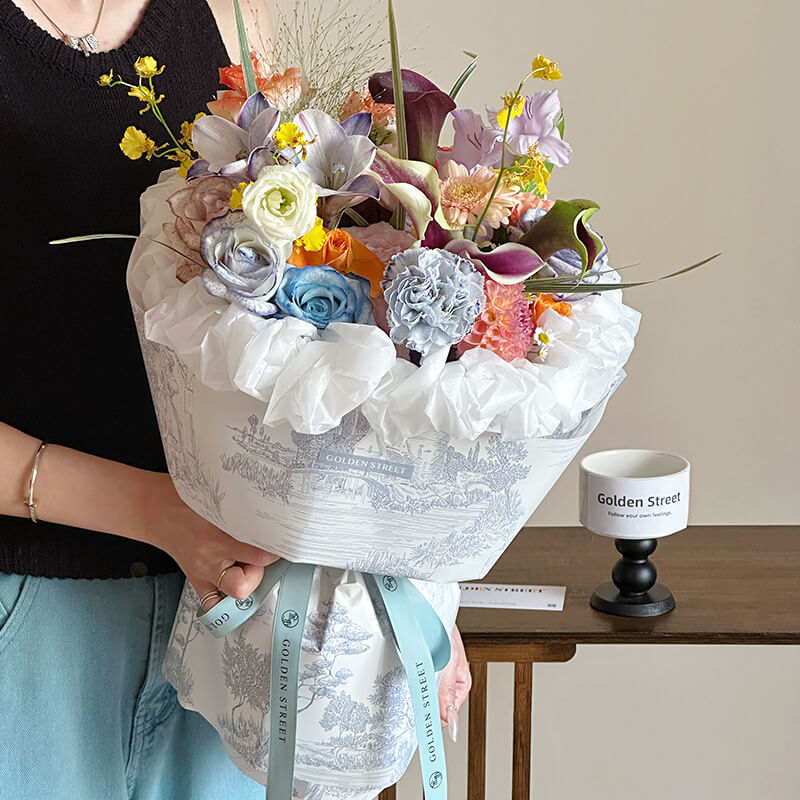bouquet wrapping paper nearby
