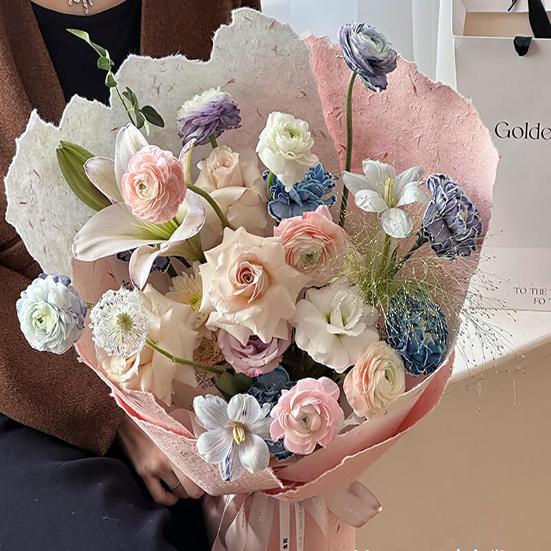 wrapping flowers in paper bag