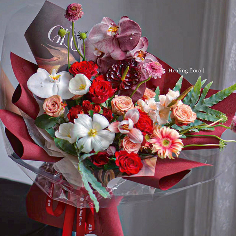bouquet wrapping paper nearby