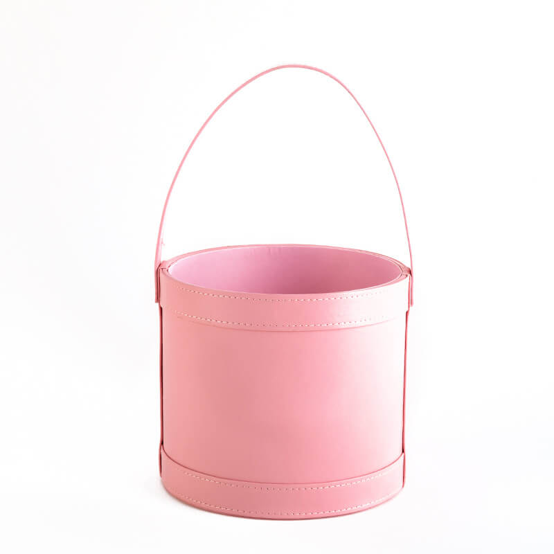 Leather Round Flower Bucket Gift Box with Handle